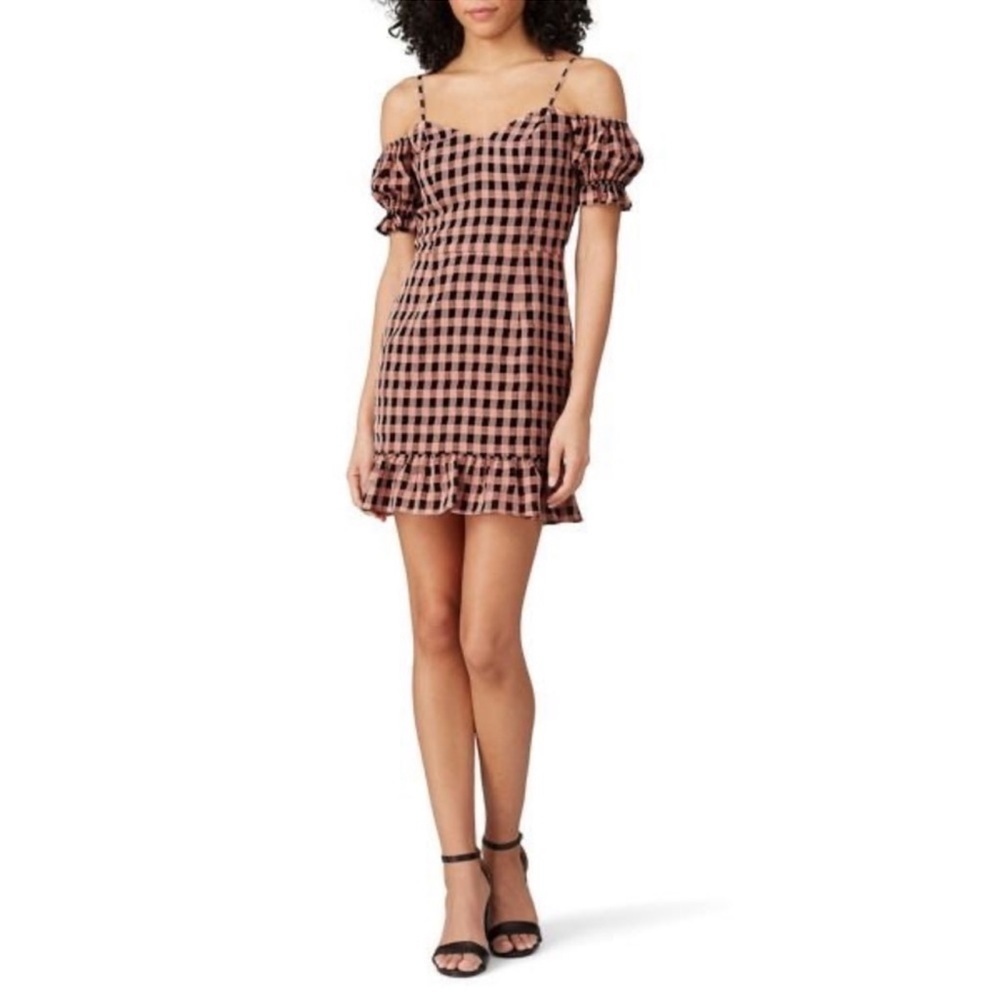 DRESS the Population Pink Estrella Gingham Ruffle Mini Summer Dress size Small